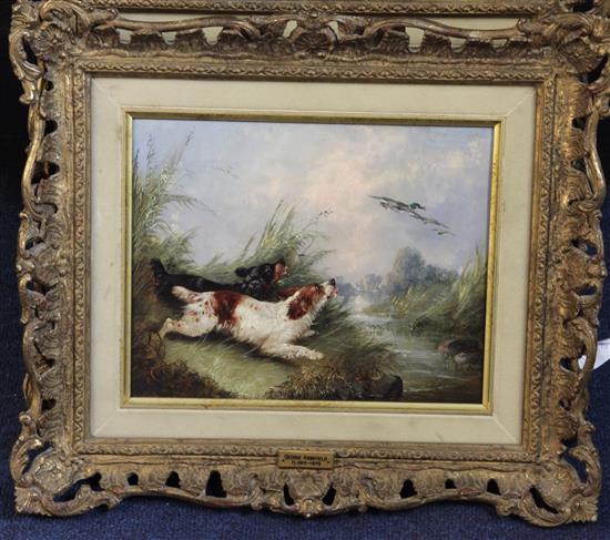George Armfield (fl.1840-1875) Spaniels flushing ducks and Terriers beside a rabbit hole 8 x 10in.